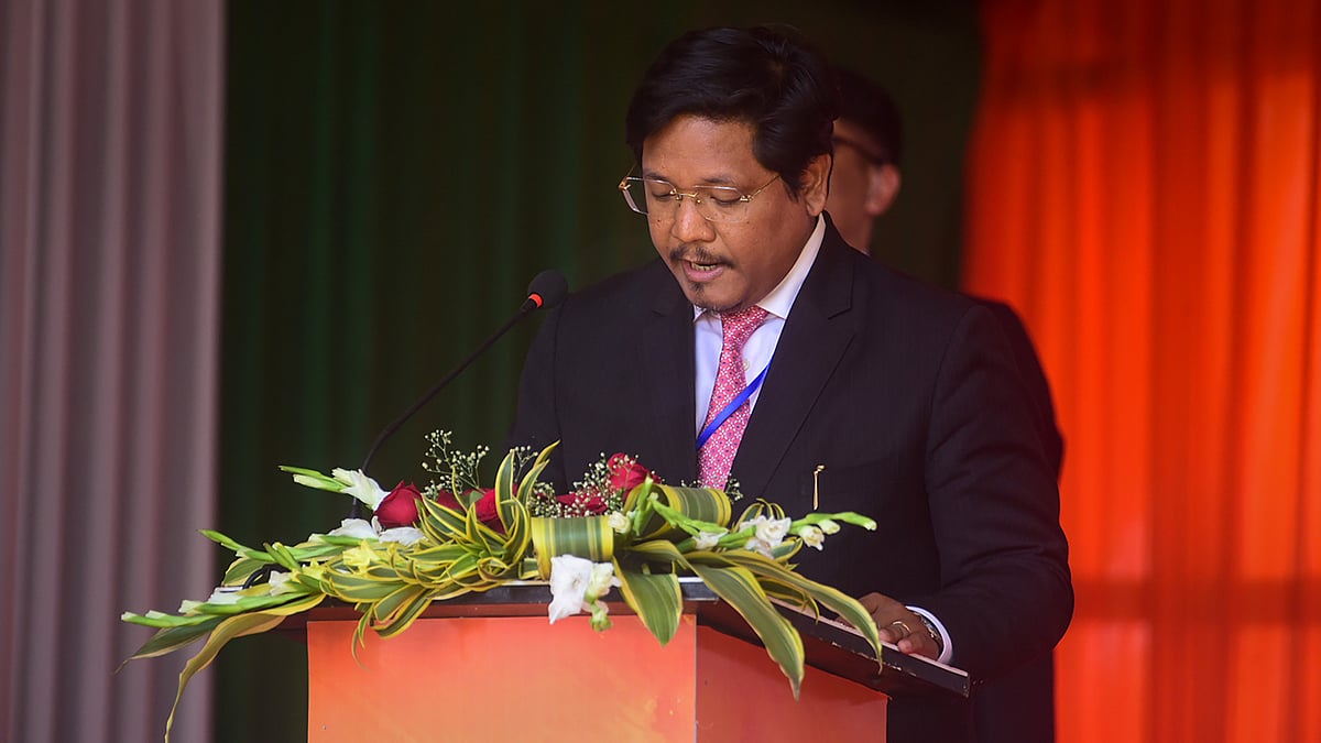 <div class="paragraphs"><p>National Peoples Party (NPP) leader Conrad Sangma takes oath as Meghalaya Chief Minister, at a ceremony in Shillong, on Tuesday, 7 March.</p></div>