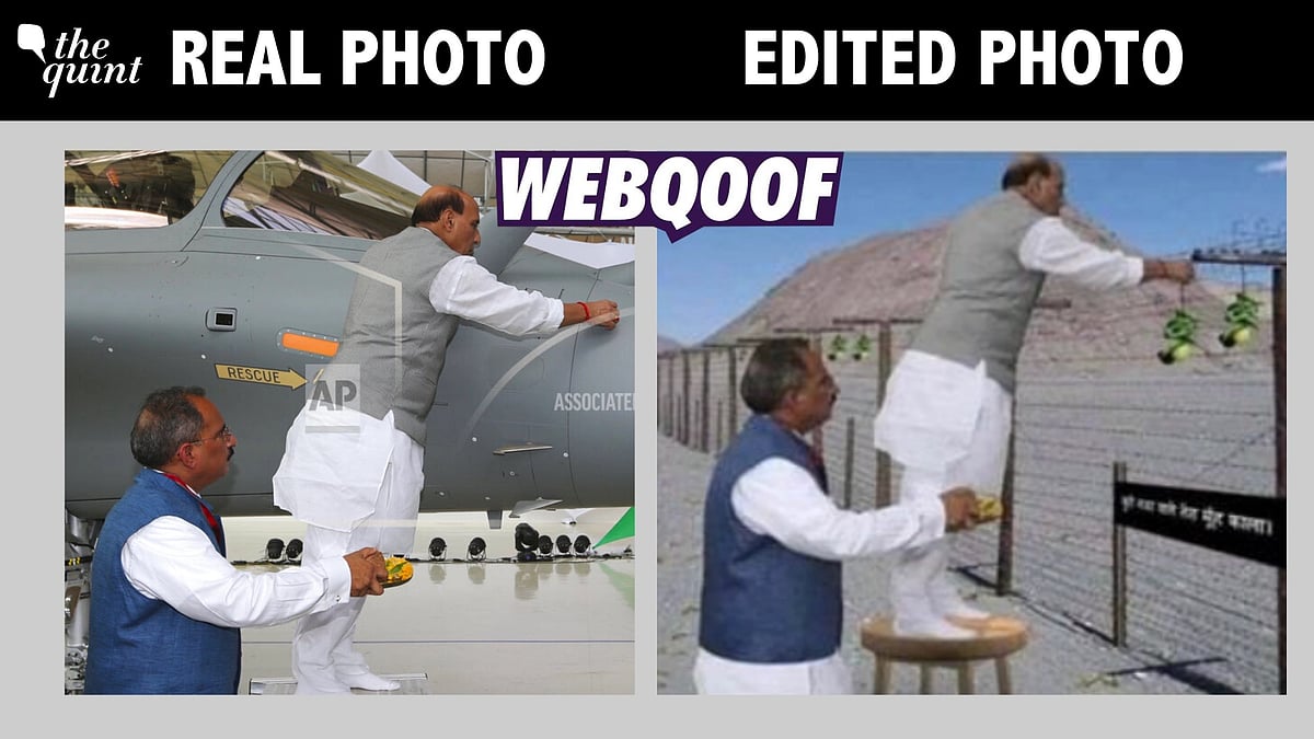 <div class="paragraphs"><p>The photo has been edited to show Defence Minister Rajnath Singh tying lemons and chillies on barbed wire.</p></div>