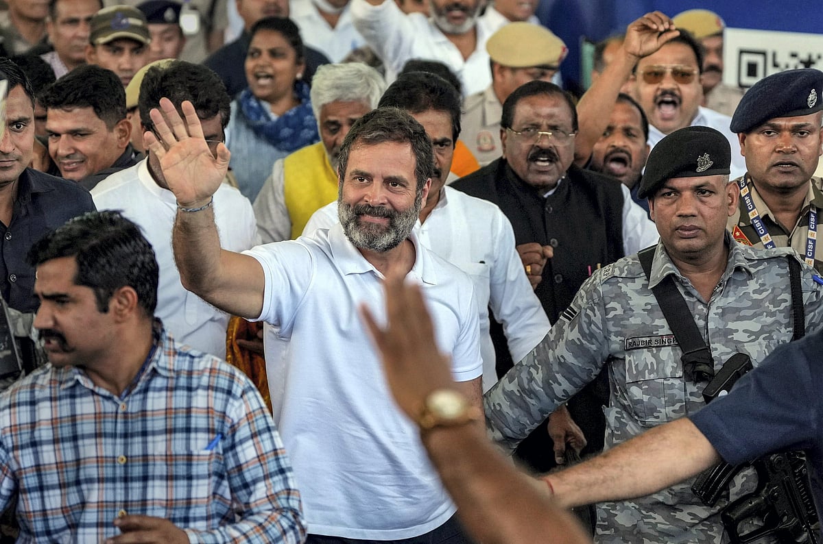 <div class="paragraphs"><p>Congress leader Rahul Gandhi arrives at IGI Airport in New Delhi, on Thursday, 23 March. A Surat court on Thursday convicted Gandhi in a criminal defamation case filed against him over his alleged Modi surname remark. </p></div>