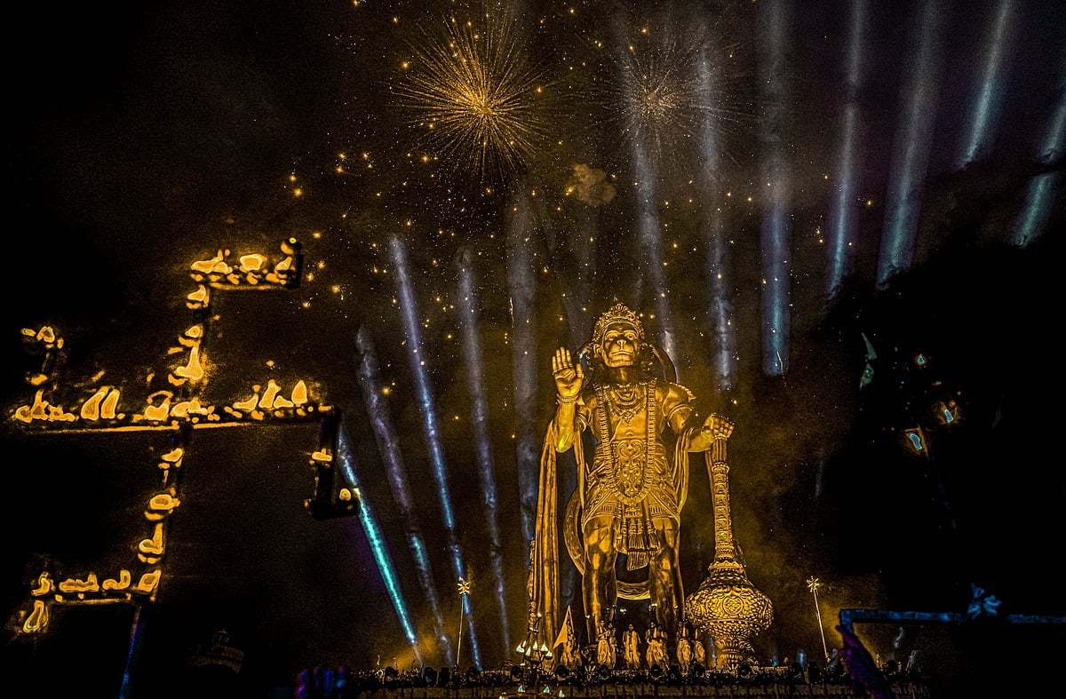 <div class="paragraphs"><p>A 54 feet tall statue of Lord Hanuman at Salangpur, in Botad district, on Wednesday night, 5 April. Union Home Minister Amit Shah is scheduled to unveil the statue on Thursday on the occasion of Hanuman Jayanti.</p></div>
