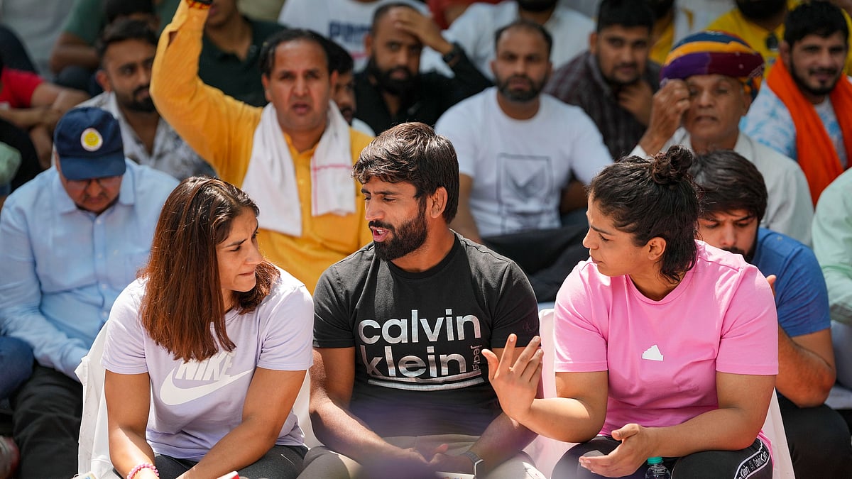 <div class="paragraphs"><p>The wrestlers continued their dharna in New Delhi's Jantar Mantar, protesting against the sidelined WFI chief, Brij Bhushan Sharan Singh.</p></div>