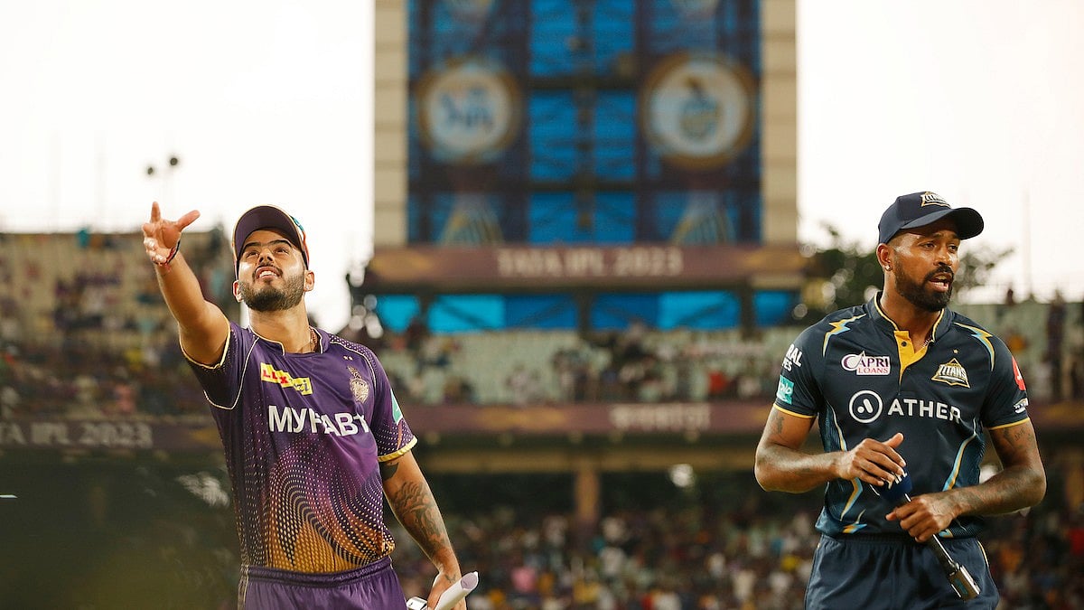<div class="paragraphs"><p>Nitish Rana of Kolkata Knight Riders flipping the toss coin and Hardik Pandya of Gujarat Titans call for it during match 39 of the Tata Indian Premier League 2023 between the Kolkata Knight Riders and the Gujarat Titans</p></div>