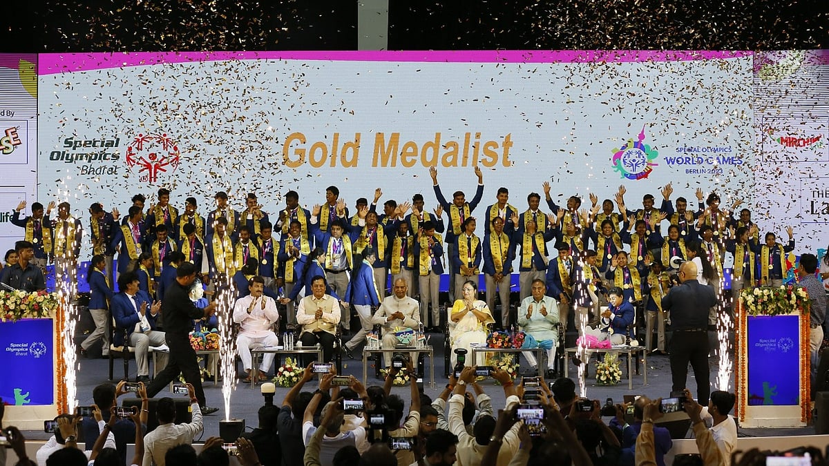 <div class="paragraphs"><p>The gold medal winners of Special Olympics 2023 celebrate after being felicitated for their performance</p></div>