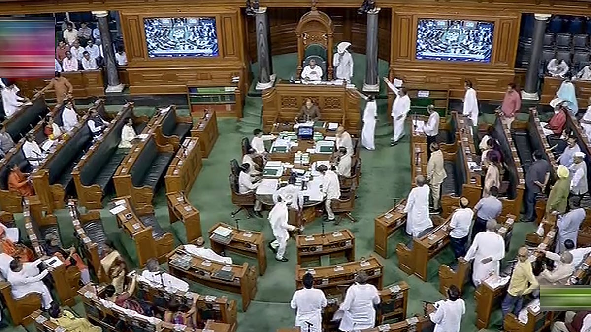 <div class="paragraphs"><p>Opposition MPs protest in the Lok Sabha demanding PM Narendra Modis statement in the House on Manipur crisis during the Monsoon session of Parliamet.</p></div>