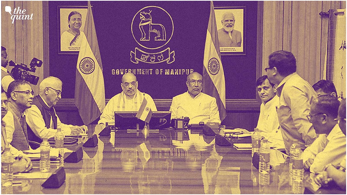 <div class="paragraphs"><p>Amit Shah and Biren Singh in a meeting in Manipur. </p></div>