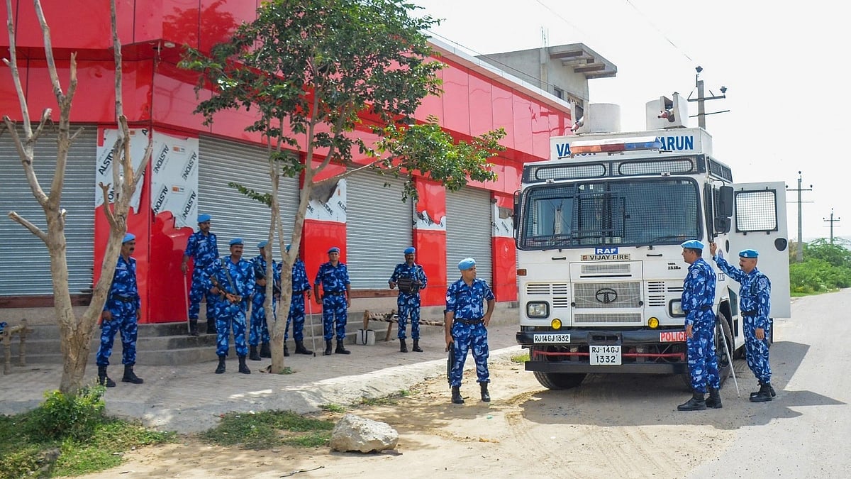 <div class="paragraphs"><p>Security personnel deployed ahead of the VHP's Brij Mandal Yatra in Haryana's Nuh on Monday, 28 August. </p></div>