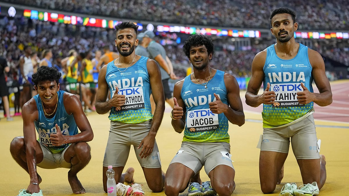 <div class="paragraphs"><p>Rajesh Ramesh, Muhammed Ajmal Variyathodi, Amoj Jacob and Muhammed Anas Yahiya at the 2023 World Athletics Championships.</p></div>