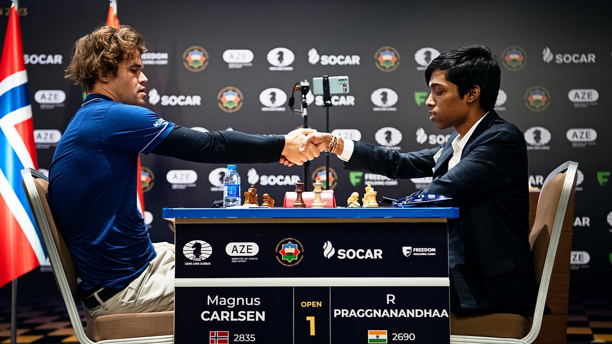 <div class="paragraphs"><p>Grandmasters&nbsp;Praggnanandhaa and Magnus Carlsen drew the opening round of the FIDA Chess World Cup Final.&nbsp;</p></div>