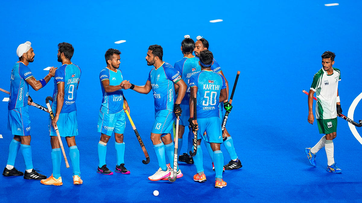 <div class="paragraphs"><p>Chennai: India's captain Harmanpreet Singh celebrates with teammates after scoring a goal against Pakistan during their Asian Champions Trophy 2023 hockey match at Mayor Radhakrishnan Hockey Stadium in Chennai, Wednesday, Aug. 9, 2023. </p></div>