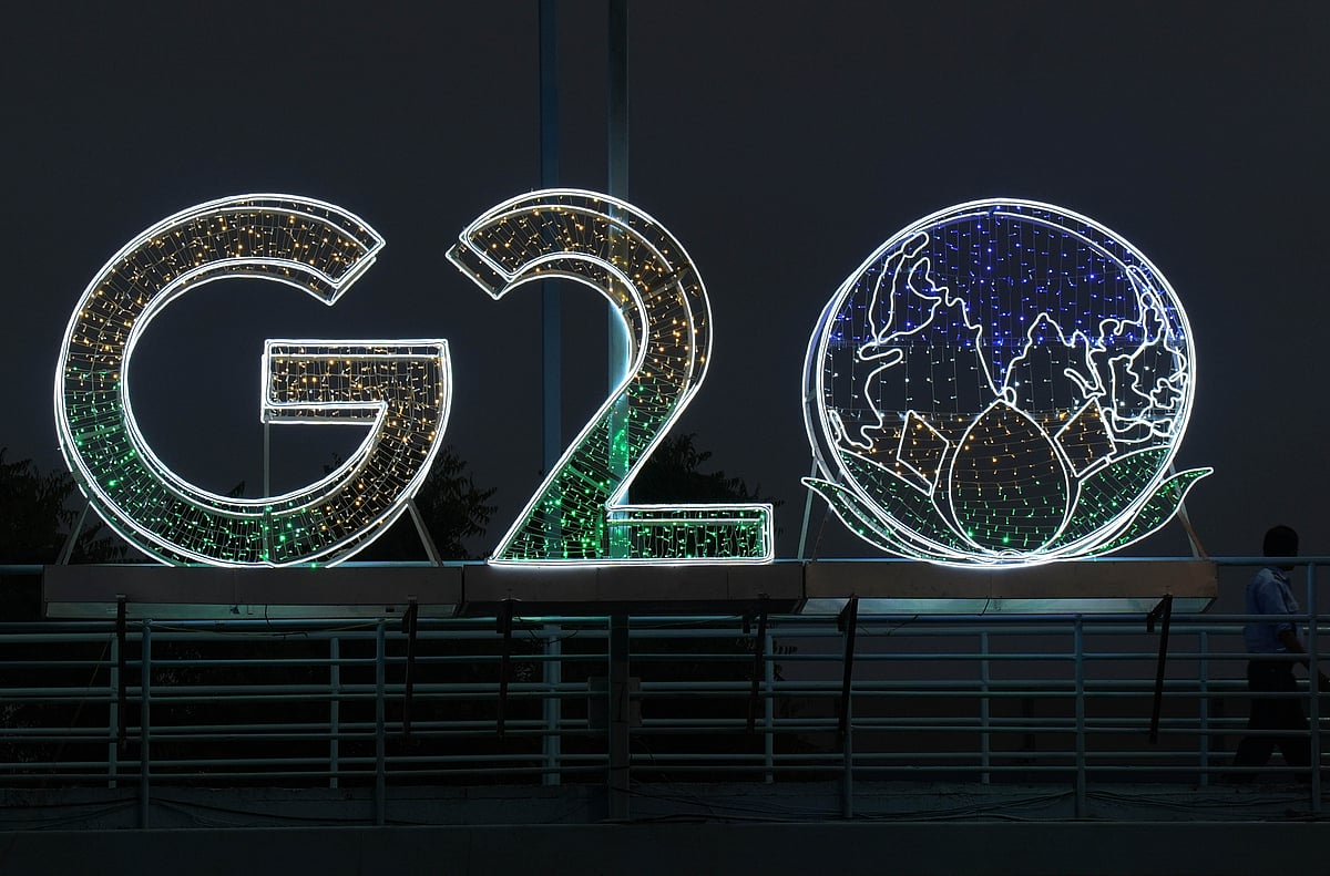<div class="paragraphs"><p>Illuminated G20 logo is seen ahead of the summit in New Delhi.</p></div>