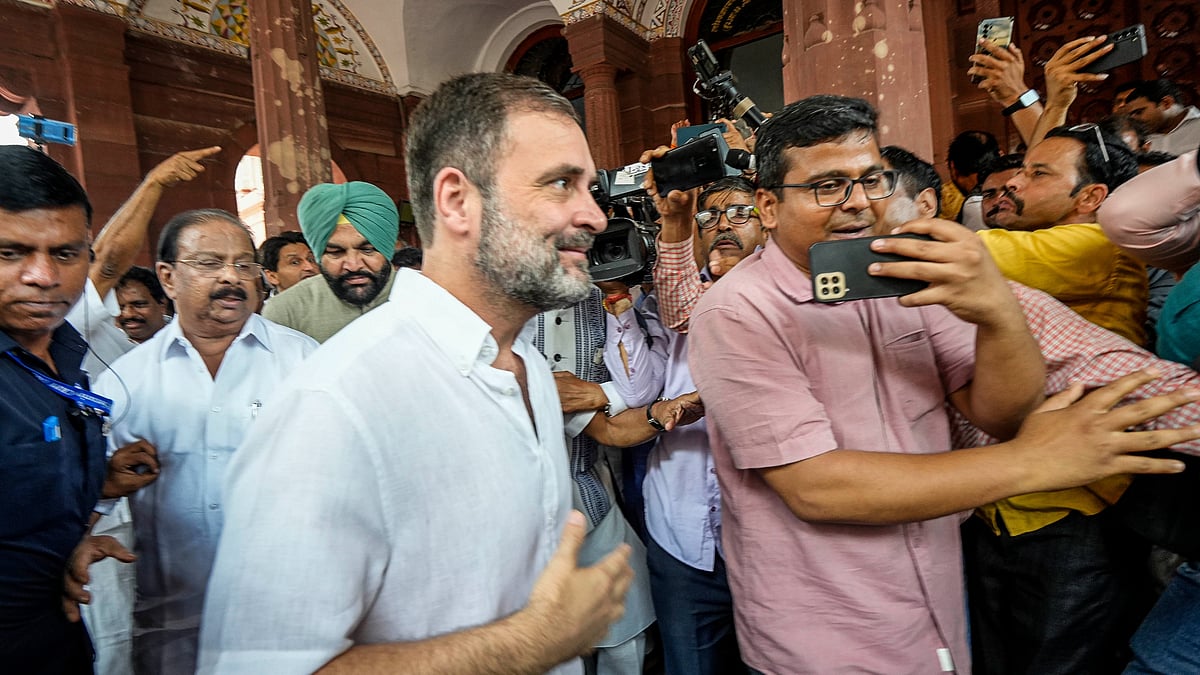 <div class="paragraphs"><p>Congress MP Rahul Gandhi arrives at Parliament House complex during Monsoon Session, in New Delhi, Monday, Aug. 7, 2023.</p></div>