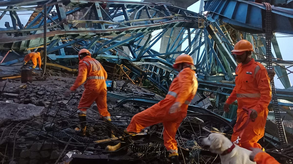 <div class="paragraphs"><p>NDRF personnel carry out a search and rescue operation after a crane fell on a bridge slab on the under construction Samruddhi Expressway, at Shahapur Tehsil of the Thane district.&nbsp;</p></div>