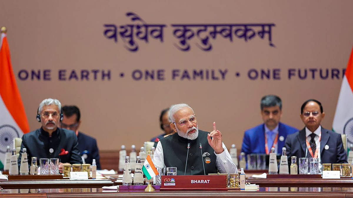 <div class="paragraphs"><p>"India's G20 Presidency has become a symbol of 'Sabka Sath' inside and outside of the country," PM Modi said in his address during the inaugural session of the leaders summit.</p></div><div class="paragraphs"><p><br></p></div>