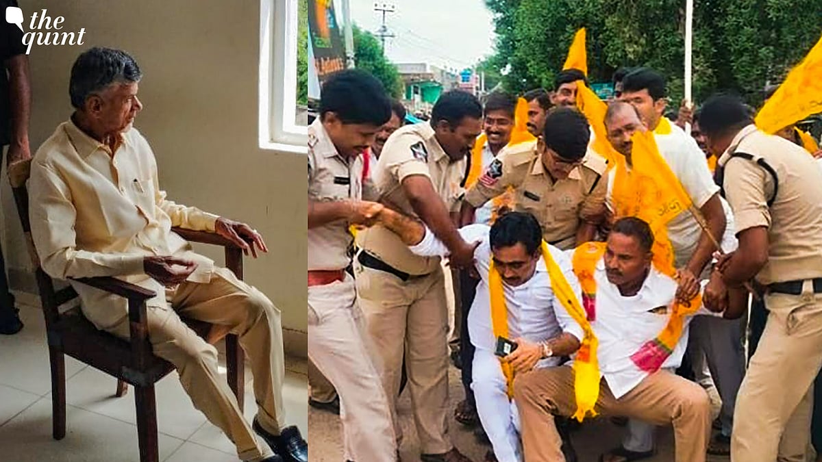 <div class="paragraphs"><p>N Chandrababu Naidu at the Rajahmundry Central Jail (L). TDP workers stage a protest against Naidu's arrest, in Vijayawada.</p></div>