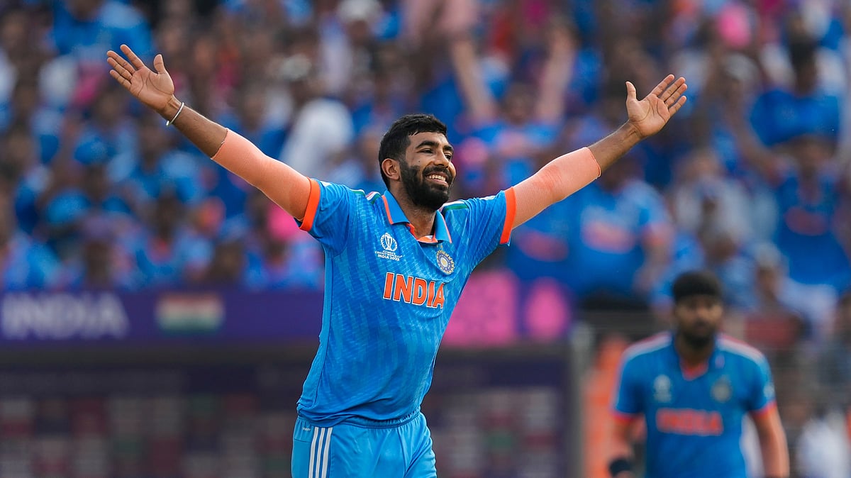 <div class="paragraphs"><p>India's Jasprit Bumrah celebrates the wicket of Pakistans Shadab Khan during the ICC Men's Cricket World Cup 2023 match between India and Pakistan, at Narendra Modi Stadium, in Ahmedabad, Saturday, Oct. 14, 2023.</p></div>