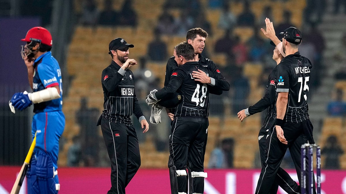 <div class="paragraphs"><p>Chennai: New Zealand team celebrates after winning the ICC Men's Cricket World Cup 2023 match against Afghanistan, at M. A. Chidambaram Stadium, in Chennai, Wednesday, Oct. 18, 2023.</p></div>