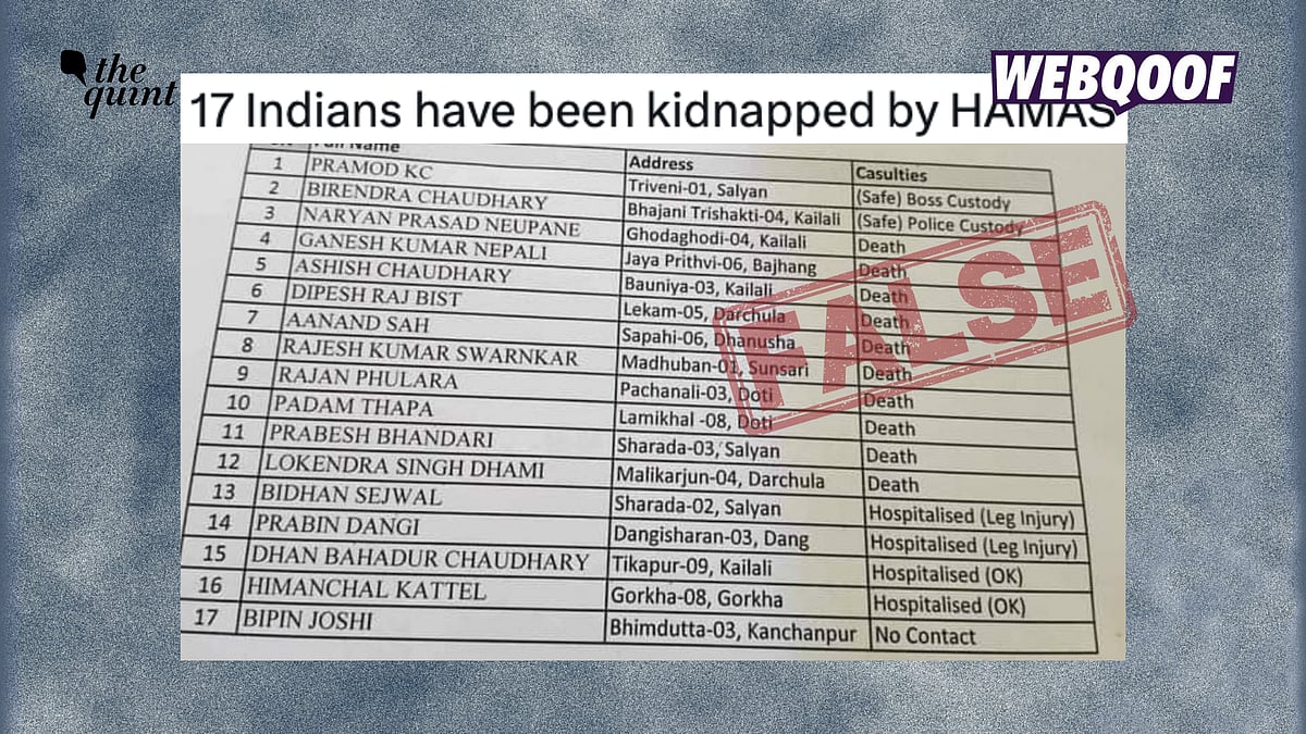 <div class="paragraphs"><p>A photograph showing a list of 17 Nepali nationals is being shared to falsely claim that it shows the names of 17 Indians who were kidnapped by Hamas.</p></div>