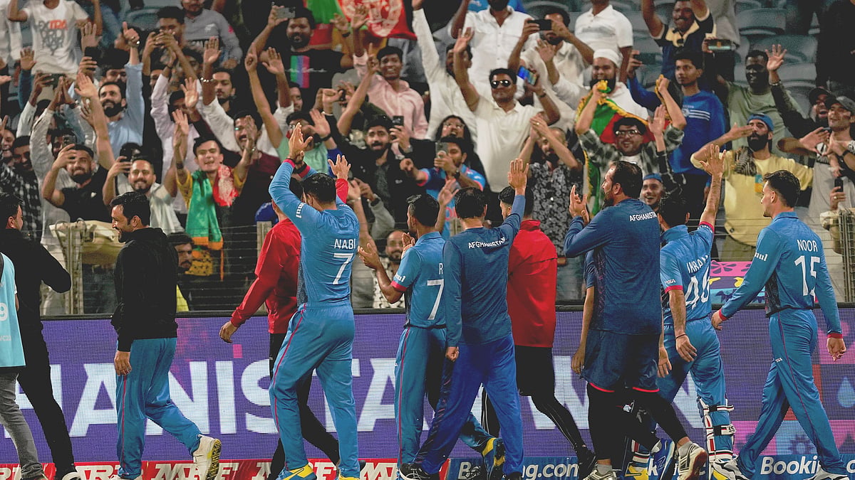 <div class="paragraphs"><p>Afghanistan players celebrate after winning one of their ICC Men's Cricket World Cup 2023 matches.</p></div>