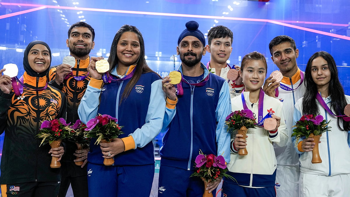 <div class="paragraphs"><p>Hangzhou: Dipika Pallikal and Harinder Sandhu with their gold medal won in the Mixed Doubles squash event at the 19th Asian Games, in Hangzhou, China, Thursday, Oct. 5, 2023.</p></div>
