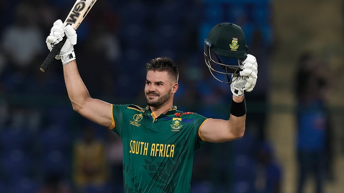 <div class="paragraphs"><p>New Delhi: South Africa's batter Aiden Markram celebrates his century during the ICC Men's Cricket World Cup match between Sri Lanka and South Africa, at the Arun Jaitley Stadium, in New Delhi, Saturday, Oct. 7, 2023. Markram scored the century in just 49 balls, recording the fastest World Cup ton. </p></div>