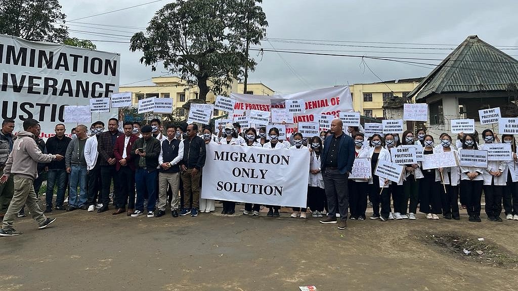 <div class="paragraphs"><p>On Tuesday, 21 November, as the displaced students were not able to write their exams, they took to the streets in Churachandpur to stage their protest.</p></div>