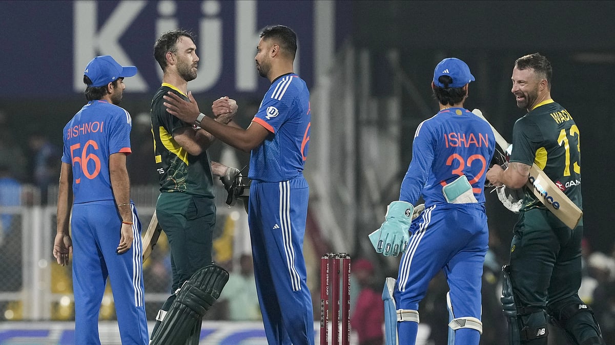 <div class="paragraphs"><p>Guwahati: Australian batters Matthew Wade and Glenn Maxwell being greeted by Indian players after they win the 3rd T20 cricket match over India, at the ACA (Assam Cricket Association) Stadium in Guwahati, Tuesday, Nov. 28, 2023. </p></div>