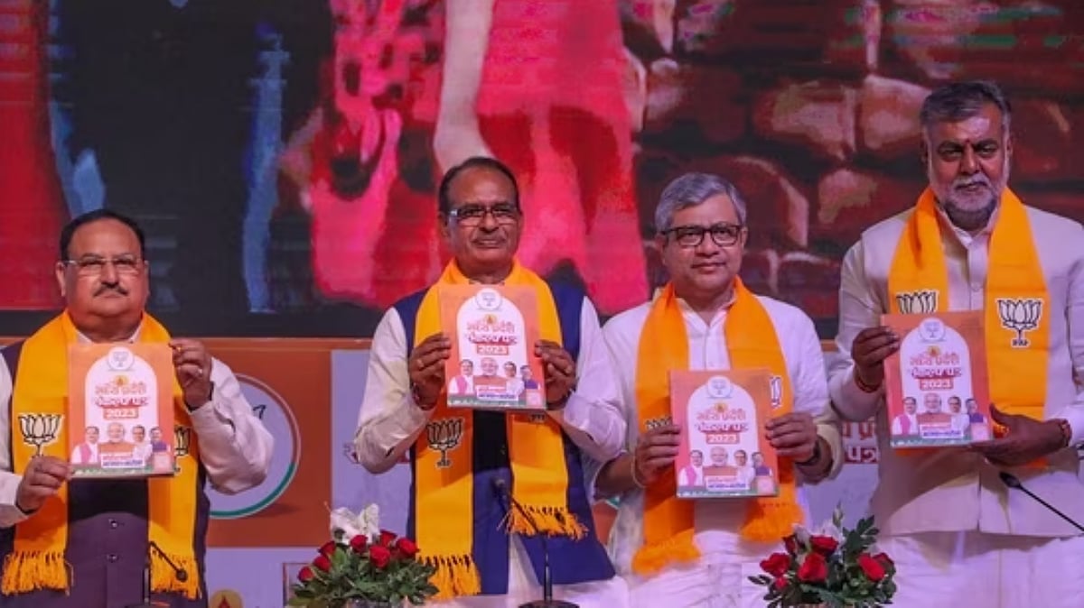 <div class="paragraphs"><p>BJP National President JP Nadda with Madhya Pradesh Chief Minister Shivraj Singh Chouhan and others release election manifesto ahead of the state assembly elections, in Bhopal on November 11.</p></div>