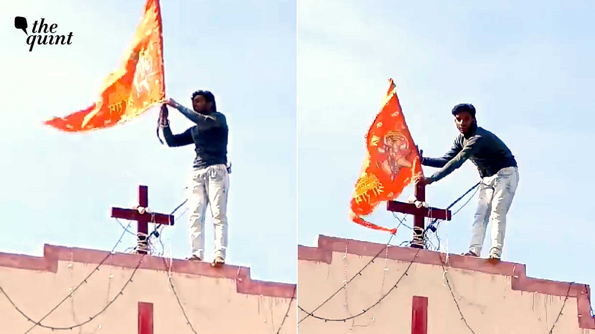 <div class="paragraphs"><p>Amid Jai Sri Ram chants, one of the men climbed the church and hoisted this flag. </p></div>