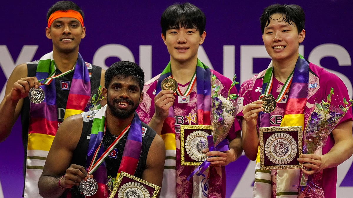 <div class="paragraphs"><p>New Delhi: Men's doubles winner South Koreas Seo Seung-jae and Kang Min-hyuk and runner-up India's Chirag Shetty and Satwiksairaj Rankireddy pose during the award ceremony at the India Open 2024, in New Delhi, Sunday, Jan. 21, 2024.</p></div>