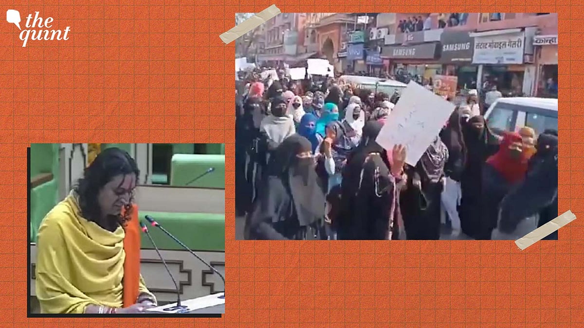 <div class="paragraphs"><p>Hijab wearing students protested against BJP MLA Balmukund Acharya's remarks made at a school function.</p></div>