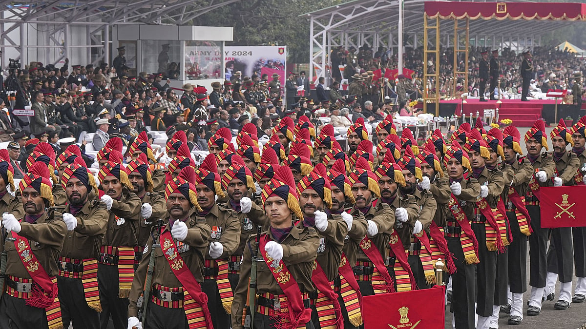 <div class="paragraphs"><p>A contingent marches past during Army Day celebrations at the Parade Ground at 11 GR in Lucknow on Monday, 15 January.</p></div>
