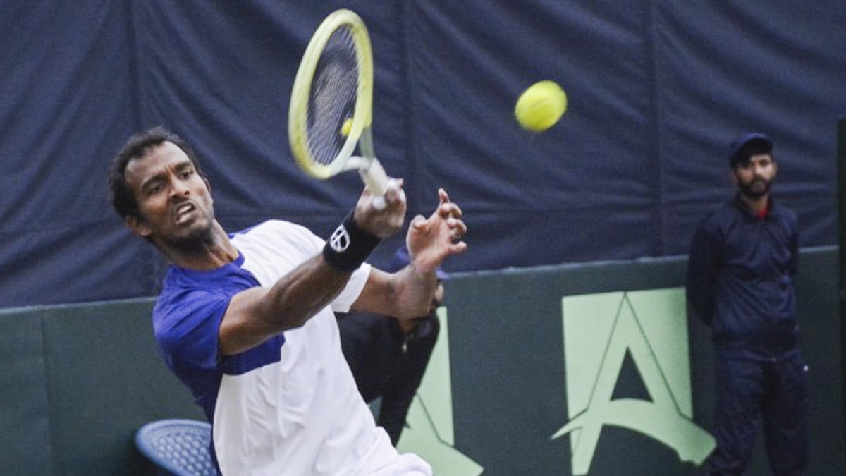 <div class="paragraphs"><p>Islamabad: India's Ramkumar Ramanathan returns to Pakistan's Aisam-ul-haq Qureshi during the Davis Cup 2024 tennis match between India and Pakistan, in Islamabad, Saturday, Feb. 3, 2024.</p></div>