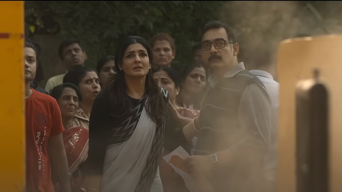 <div class="paragraphs"><p>Raveena Tandon and&nbsp;Manav Vij in a still from<em> Patna Shuklla.</em></p></div>