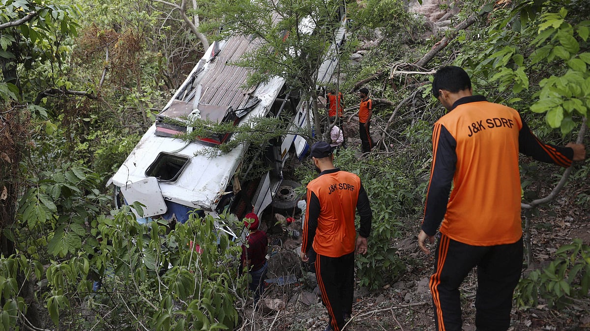 <div class="paragraphs"><p>Reasi: Rescue work after a bus carrying pilgrims plunged into a gorge following an ambush by terrorists, in Reasi district of Jammu and Kashmir, Monday, June 10, 2024. At least 9 people were killed and 33 others suffered injuries, according to officials. </p></div>