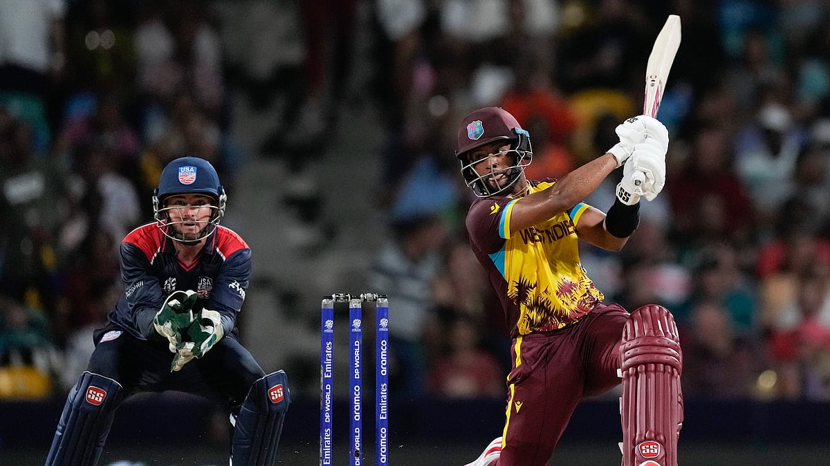 <div class="paragraphs"><p>West Indies Shai Hope hits a six during the men's T20 World Cup cricket match between the USA and the West Indies at Kensington Oval, Bridgetown, Barbados, Friday, 21 June, 2024</p></div>