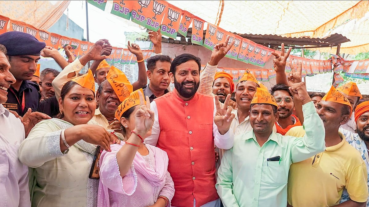 <div class="paragraphs"><p>Haryana CM Nayab Singh Saini with BJP supporters after winning the election.</p></div>