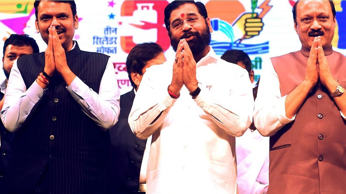 <div class="paragraphs"><p>Maharashtra Chief Minister Eknath Shinde (centre) with Deputy Chief Ministers Devendra Fadnavis (left) and Ajit Pawar at a meeting in Mumbai.</p></div>