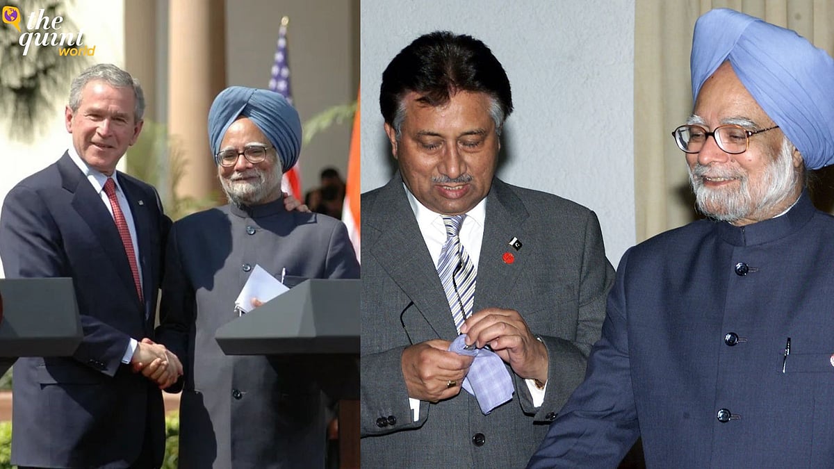 <div class="paragraphs"><p>Manmohan Singh with the then US President George Bush (left) and with the then Pakistan President Pervez Musharraf (right). </p></div>