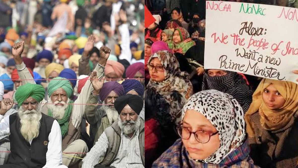 <div class="paragraphs"><p>A photo of the 2020 farmers' protest (left) and anti-CAA protests at Shaheen Bagh in 2019 (right).&nbsp;</p></div>
