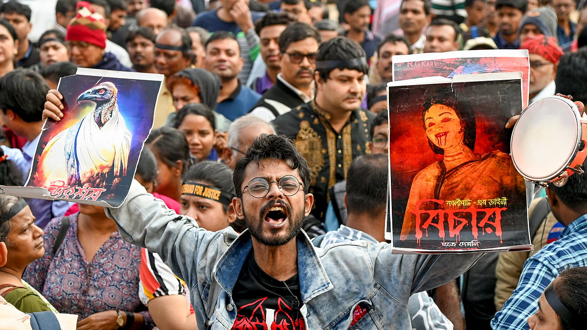 <div class="paragraphs"><p>A member of Abhaya Mancha during a protest as Sanjay Roy, accused in the alleged rape and murder of an on-duty doctor at R G Kar Medical College and Hospital, is produced at a Kolkata court on the day of the verdict, in Kolkata, Saturday, Jan. 18, 2025. The court found Roy guilty in the case.</p></div>