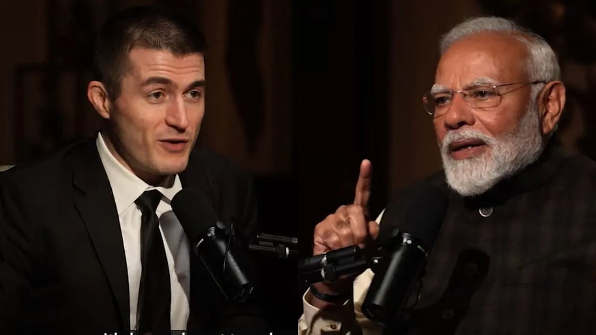 <div class="paragraphs"><p>Lex Fridman and Prime Minister Narendra Modi interacting during a podcast interview.</p></div>