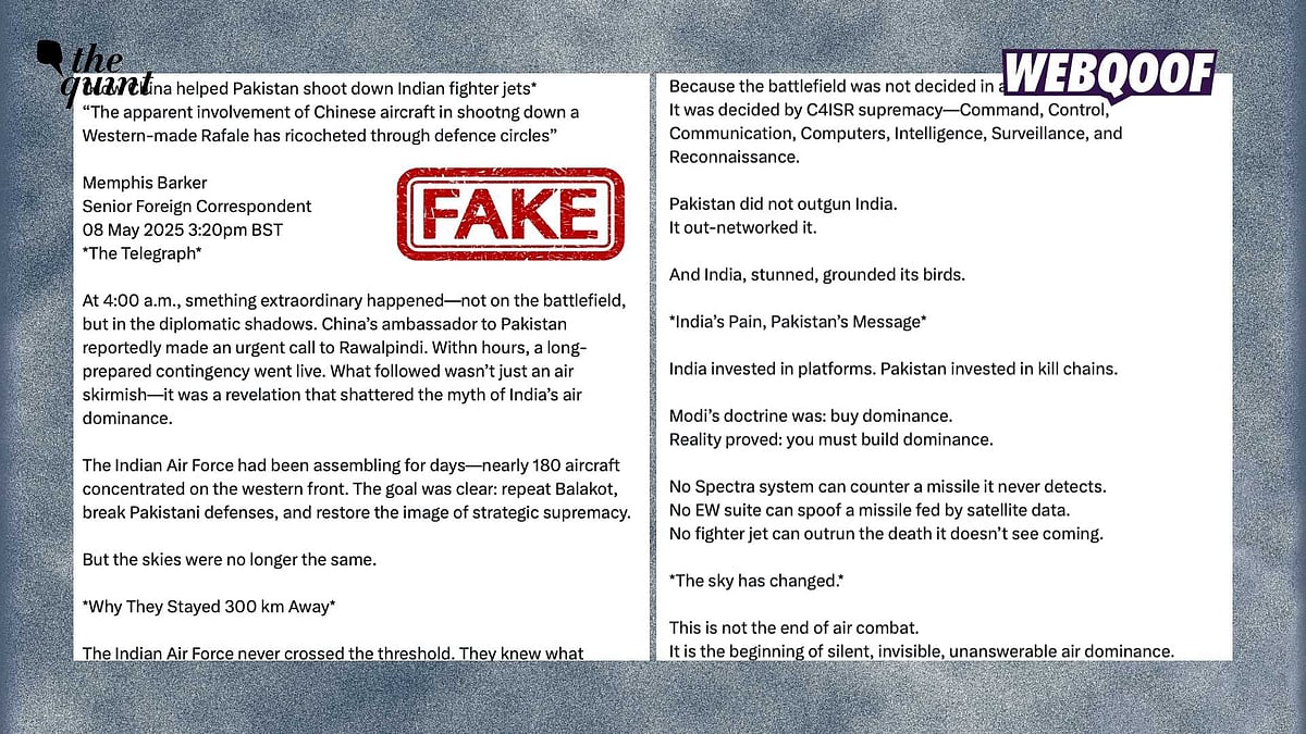<div class="paragraphs"><p>A fake story has gone viral with the false claim that it shows an article by The Telegraph's Memphis Barker, who wrote about Chinese involvement in the recent India-Pakistan conflict.</p></div>