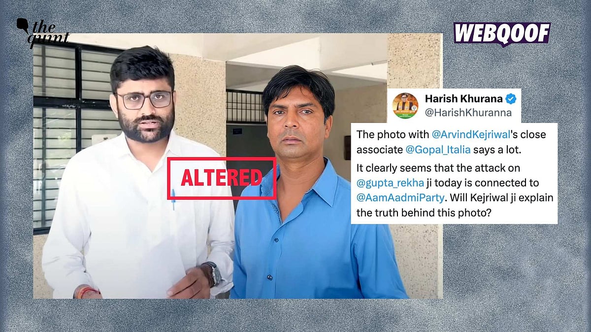 <div class="paragraphs"><p>An AI-manipulated image is being shared with the false claim that it shows the man who attacked Delhi CM Rekha Gupta, standing with AAP leader Gopal Italia.</p></div>
