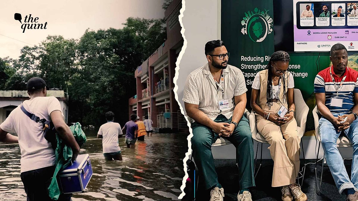 <div class="paragraphs"><p>(Left) In 2024, Bangladesh saw one of the country's worst floods in living memory. (Right) Shah Rafayat Chowdhury speaking at a panel at COP30.</p></div>