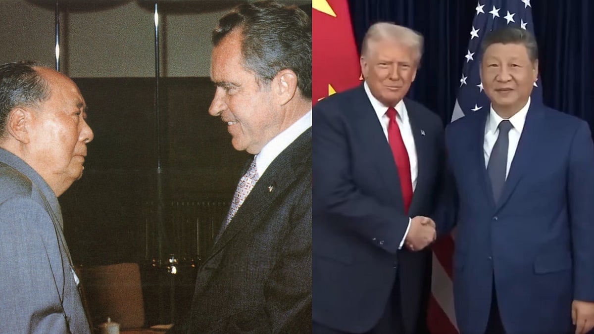 <div class="paragraphs"><p>Left: Mao Zedong with Richard Nixon in China in 1972. Right: Donald Trump with Xi Jinping in 2019.</p></div>