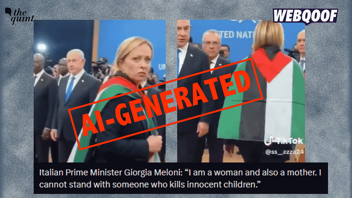<div class="paragraphs"><p>An AI-generated video is going viral on social media, falsely claiming to show Italian PM Giorgia Meloni wearing a Palestinian flag in front of Israeli PM Benjamin Netanyahu.</p></div>