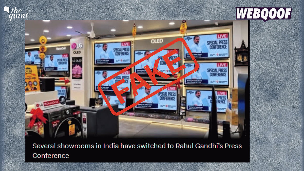 <div class="paragraphs"><p>An AI-altered image is being shared on social media, claiming to show the television section of an Indian electronics store, switched to Congress leader Rahul Gandhi's press conference.</p></div>