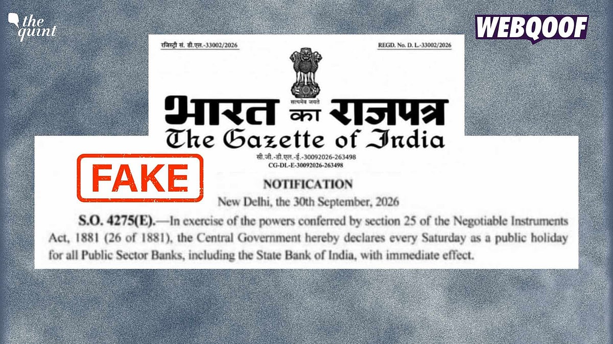 <div class="paragraphs"><p>An image is being shared on WhatsApp claiming to show a notification from the Gazette of India stating that the Central Government has declared every Saturday a public holiday for all public-sector banks.</p></div>