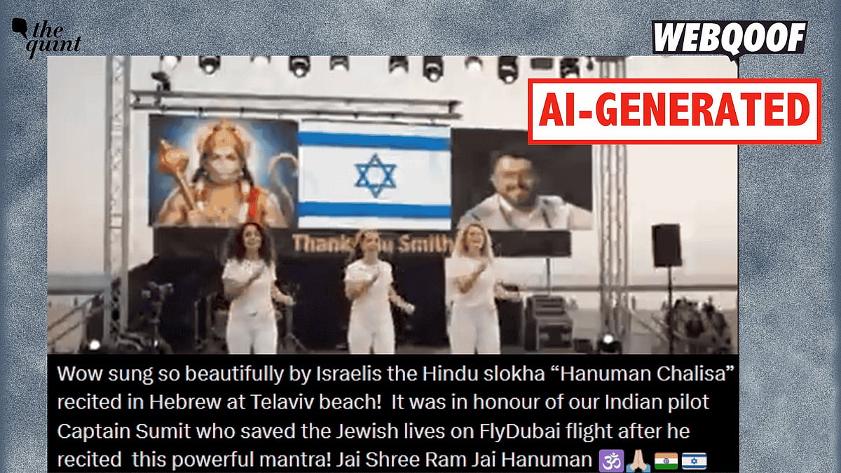 <div class="paragraphs"><p>An AI-generated video is going viral on social media, falsely claiming to show Israelis singing the Hindu <em>Shloka</em> 'Hanuman Chalisa' in Hebrew at a Tel Aviv beach in Israel.</p></div>