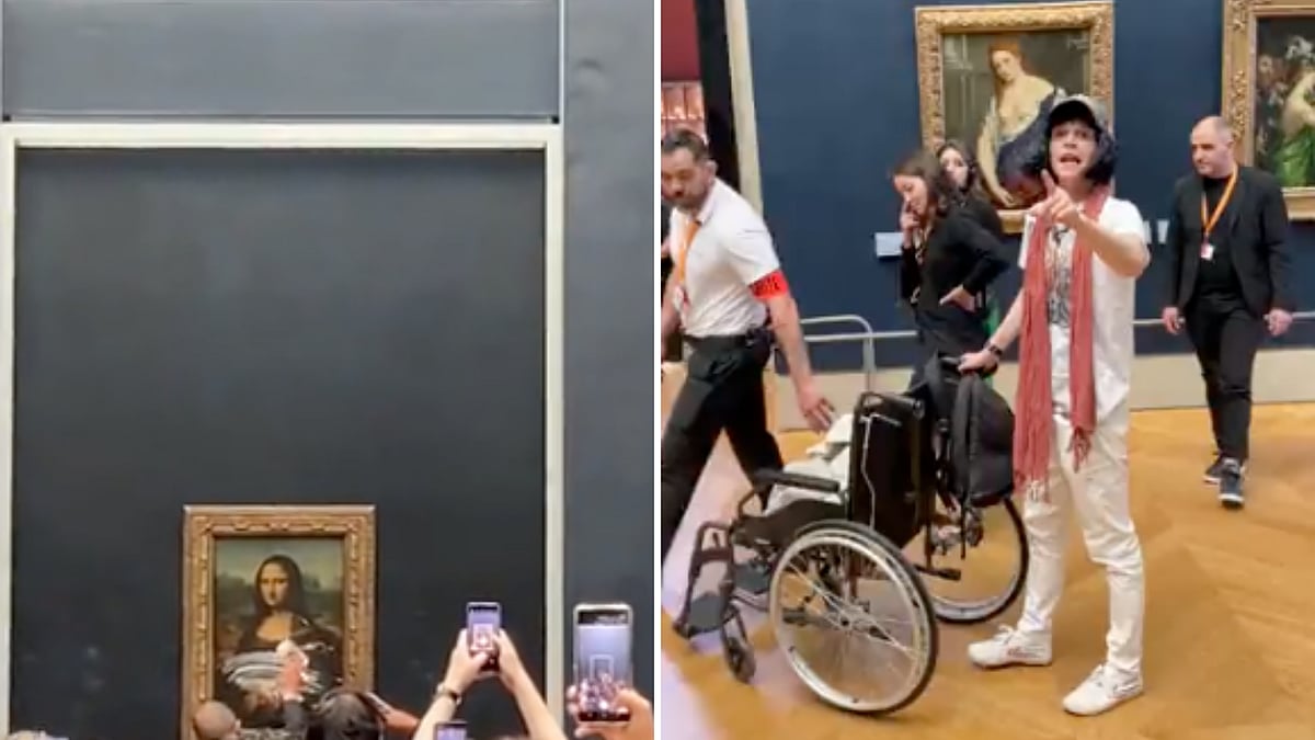 man dressed as old lady throws cake at mona lisa Disguised Elderly Woman the priority-05-midsummer-lace-round-neck-gown-champagne